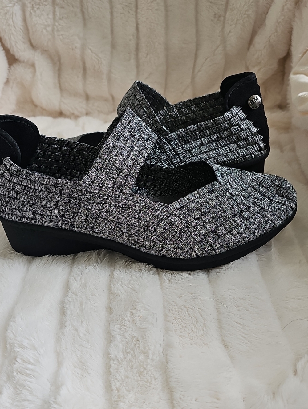 bernie mev. Metallic Silver Woven Wedge Mary Jane Shoes